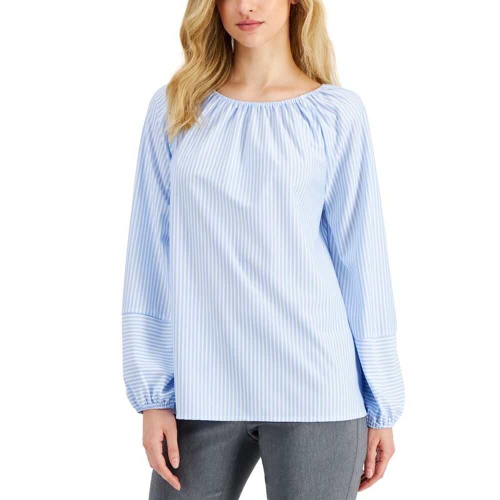 Alfani Striped Volume Sleeve Crewneck Top